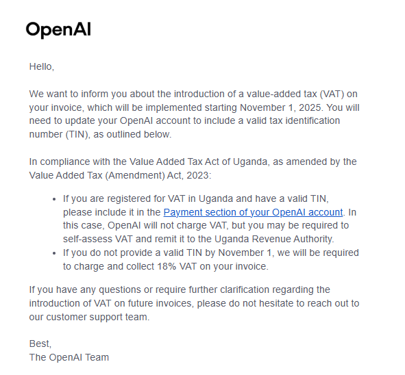URA introduces 18 VAT on OpenAI