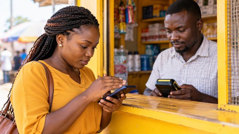 Customer using her phone at a mobile money agent counter in Uganda