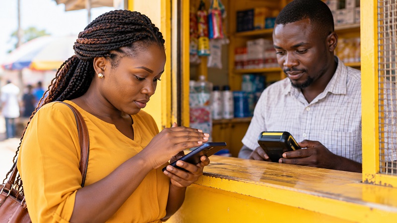 Customer using her phone at a mobile money agent counter in Uganda